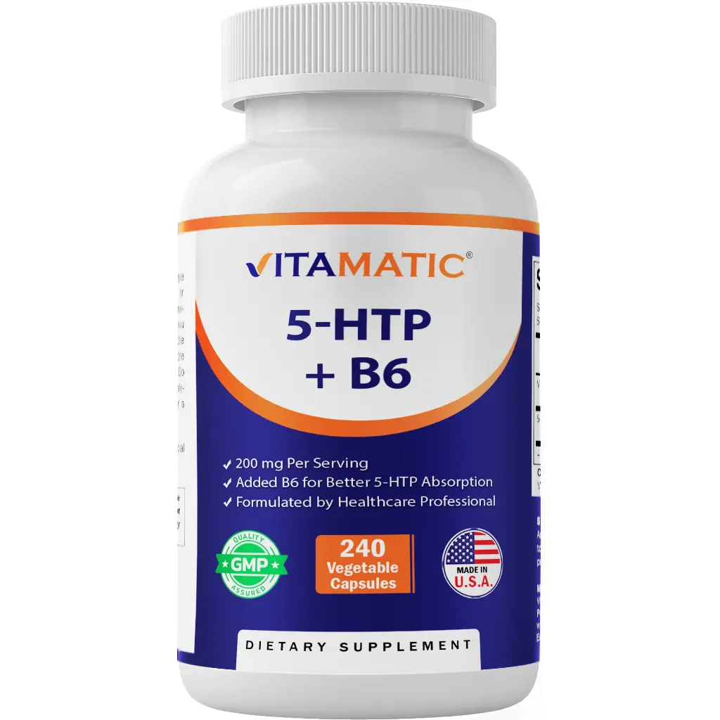 Vitamatic 5-HTP 200mg with B6 5mg Per Serving - 240 Vegetarian Capsules (5-Hydroxytryptophan) - (Griffonia Simplicifolia Seed Extract) Vitamatic 5-HTP 200mg with B6 5mg Per Serving - 240 Vegetarian Capsules (5-Hydroxytryptophan) - (Griffonia Simplicifolia Seed Extract)
