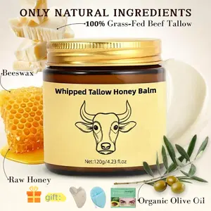Whipped Grass-Fed Beef Tallow Honey Balm, 4oz Face & Body Moisturizer for Dry Sensitive Skin, Natural Handmade Skincare