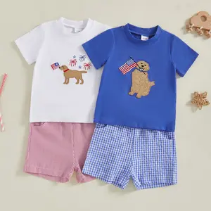 Toddler Baby Boy 4th of July Summer Outfits Animal Embroidered Short Sleeve T Shirt Stripe/Plaid Shorts Set Infant Patriotic Clothes