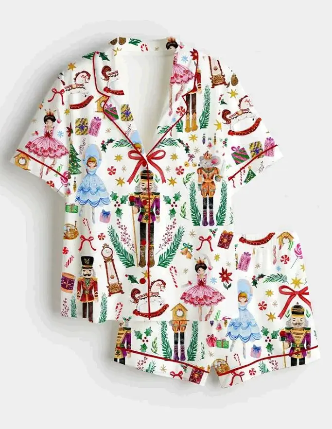 Women’s Nutcracker Christmas Pajama Set, Holiday Ballet Soldier Candy Cane Print Sleepwear, Short & Long Button Down Pajamas