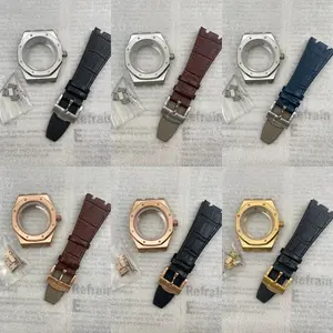 42mm Octagonal Watch Case Leather Bracelet Fit 31.8mm Waffle Dial Sapphire For NH35/36 Automatic Movement Pin Buckle Mod Parts