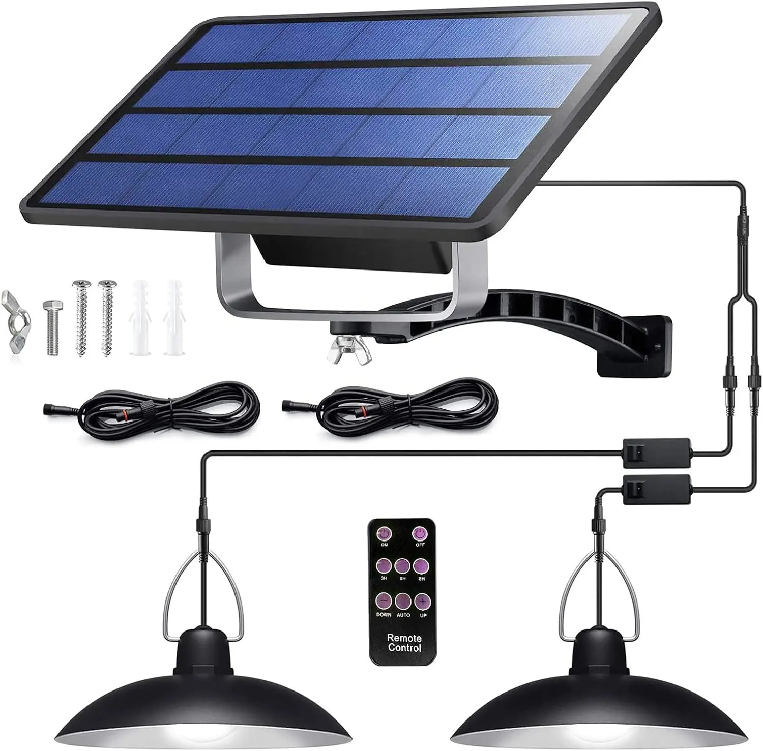 Solar Pendant Light with Double-Head LED Lamp, 9.8FT Extension Cord, 6000K Cool White, Indoor Outdoor Lighting for Shed, Barn, Garage