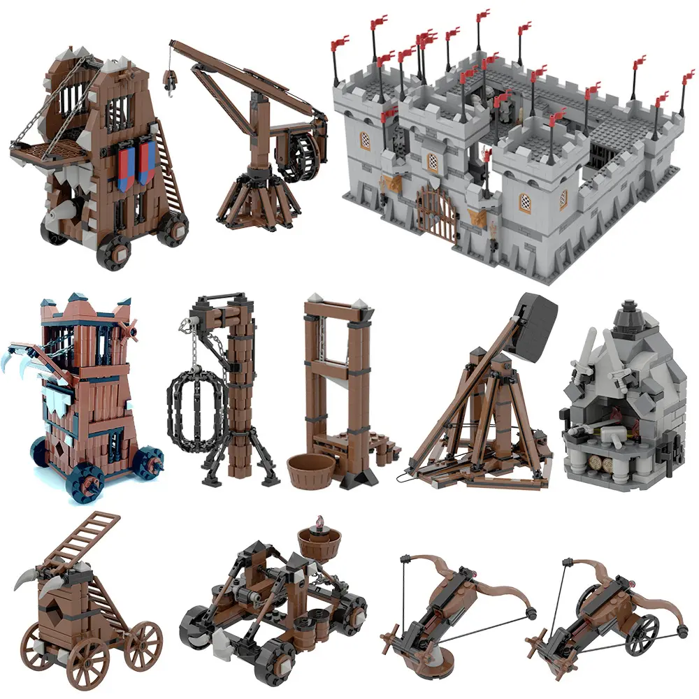 MOC Lion Fortress Castle Building Block Modular Wall Tower Corner Tower Medieval Military Soldiers Figures Scene Toys