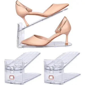 Shoe Slots Organizer Adjustable Shoe Rack Stacker Storage Space Saver Three Deck Shoe Rack Holder for Closet Organization (Clear, 2 Pack)