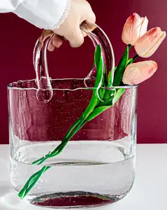 Purse Flowers (Handmade) Clear Glass Bag vase -10Inches- Clear, Cool & Cute vase for centerpieces & Fish Bowl - Handbag Unique Flower vase Decorative - Wide Mouth Bubble vase for décor