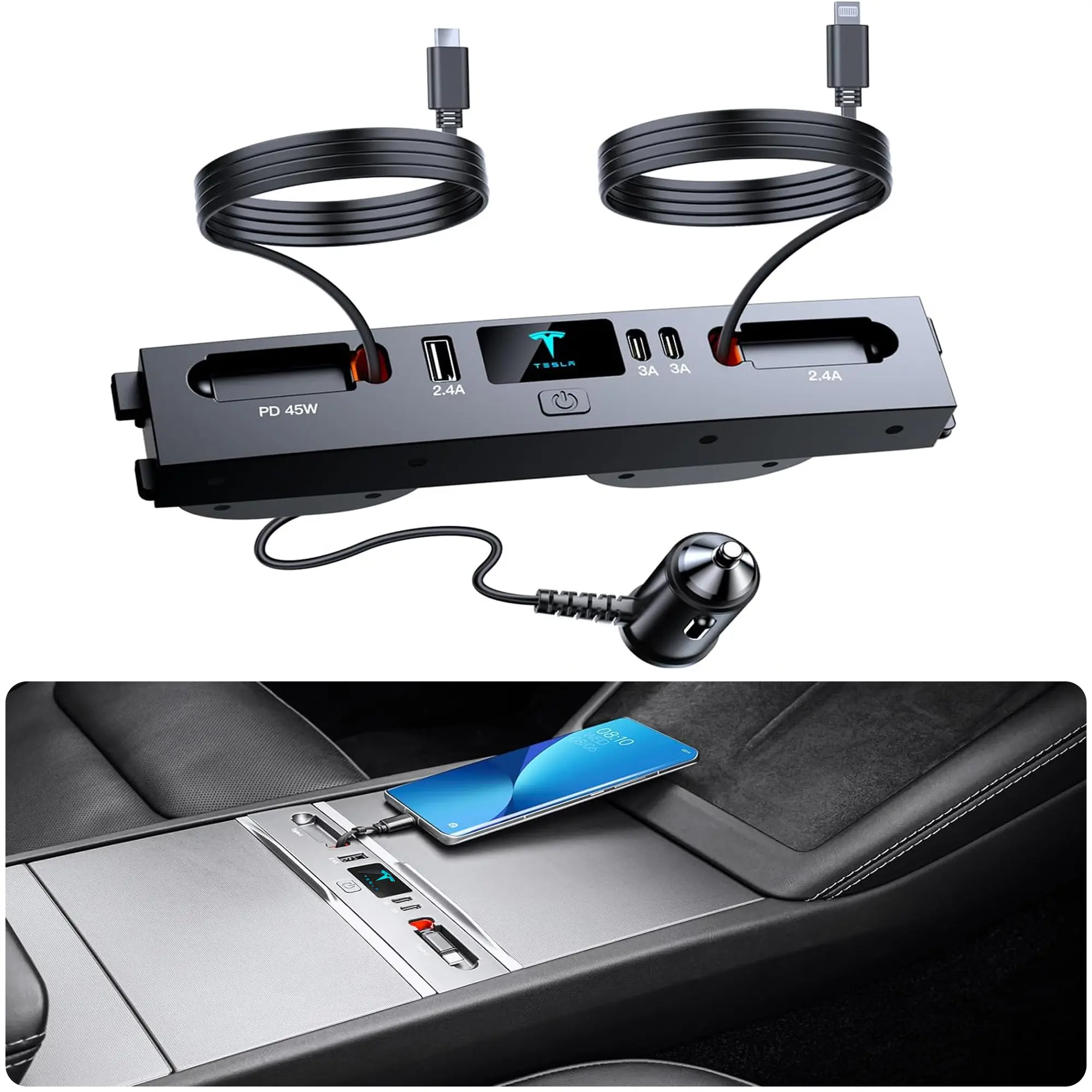 [ 1 PD & 1 Type-C ] Charging Hub for Tesla (Silver Gray), Retractable 27W Fast Charger for iPhone 5~17 is Necessary Tesla Model 3 & Model Y Accessories Highland or Juniper Compatible