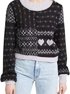 Free People Women's Snow Globe Pullover Sweater, Onyx Combo, Black, Print, XL Womenswear Hoodie