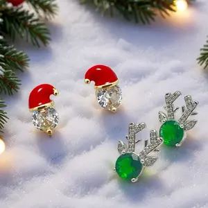 2 Pairs Hypoallergenic Women's Christmas Earrings, Girls Cute Zirconite Santa Hat Earrings Reindeer Antlers Xmas Stud Jewelry Birthday Gift Sets