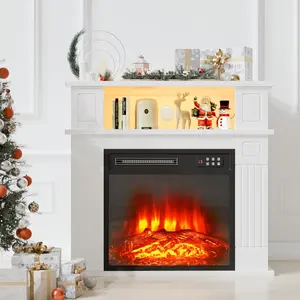 PUKAMI 28" Electric Fireplace with Mantel, Replaceable Fire Place Insert with Remote Control, Freestanding, Realistic Log and Flame Effect, Mantel Fireplace with Storage Shelf, 750/1500W, White
