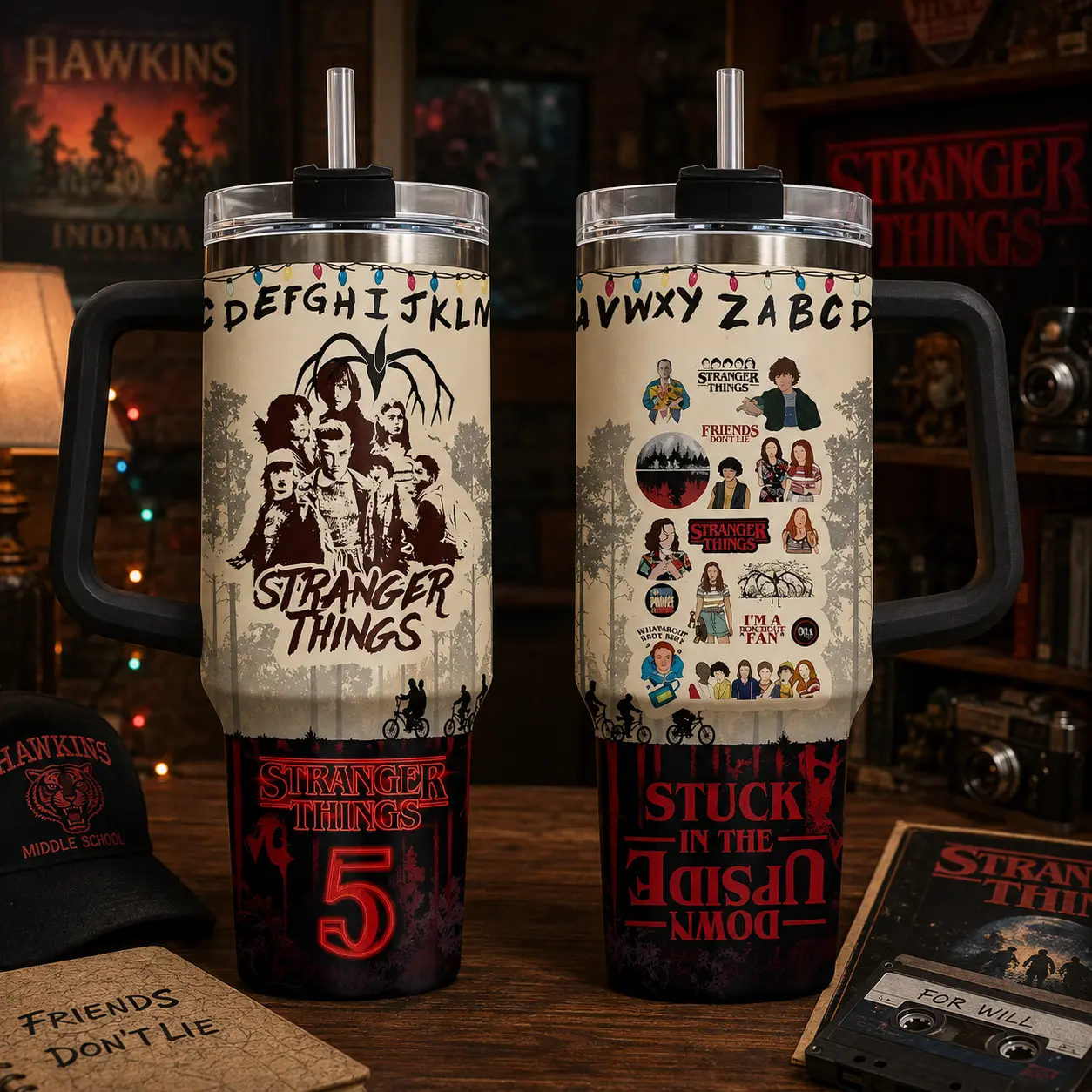 Stranger Things Season 5 40oz Tumbler With Handle & Straw, Hawkins Retro Graphic Cup, Stranger Things TV Series Inspired Travel Mug, Upside Down Horror Insulated Stainless Steel Water Tumbler, Fan Gift