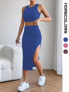 USBoutiqueCHIC Women's Ribbed Crop Top & Maxi Skirt Set - Blue Sexy Two Piece Outfit for Night Out Party & Date