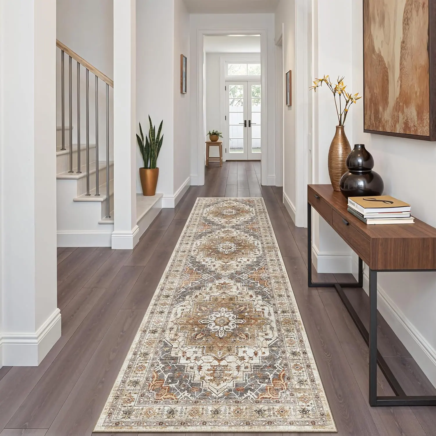 Runner Rug 2x8, Washable Hallway Runner Rugs, Non-Slip Low-Pile Soft Rug Runner Laundry Room Rug, Vintage Throw Foyer Mat for Entrance Living Room (Turmeric/Grey, 2 x 8)