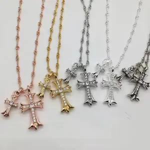 Chrome Collection Beautiful NON TARNISH STAINLESS STEEL and Gold Plated Double Cross Necklace - Fancy Designer Design with Elegant Style couples hug