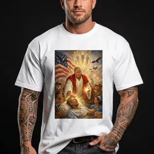 Trump Jesus Humor T-shirt, Leader Healing Scene With American Flag Angels And Soldiers Tee, Trump Jesus Meme Shirt, Funny USA Patriotic Shirt