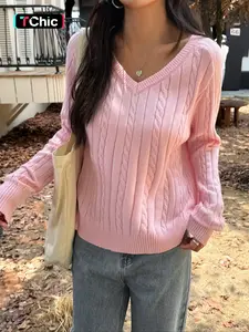 Women's V Neck Long Sleeve Sweater Knitwear, Casual Home Wear, Comfortable Fabric, Perfect for Winter, Knitted Pullover Top