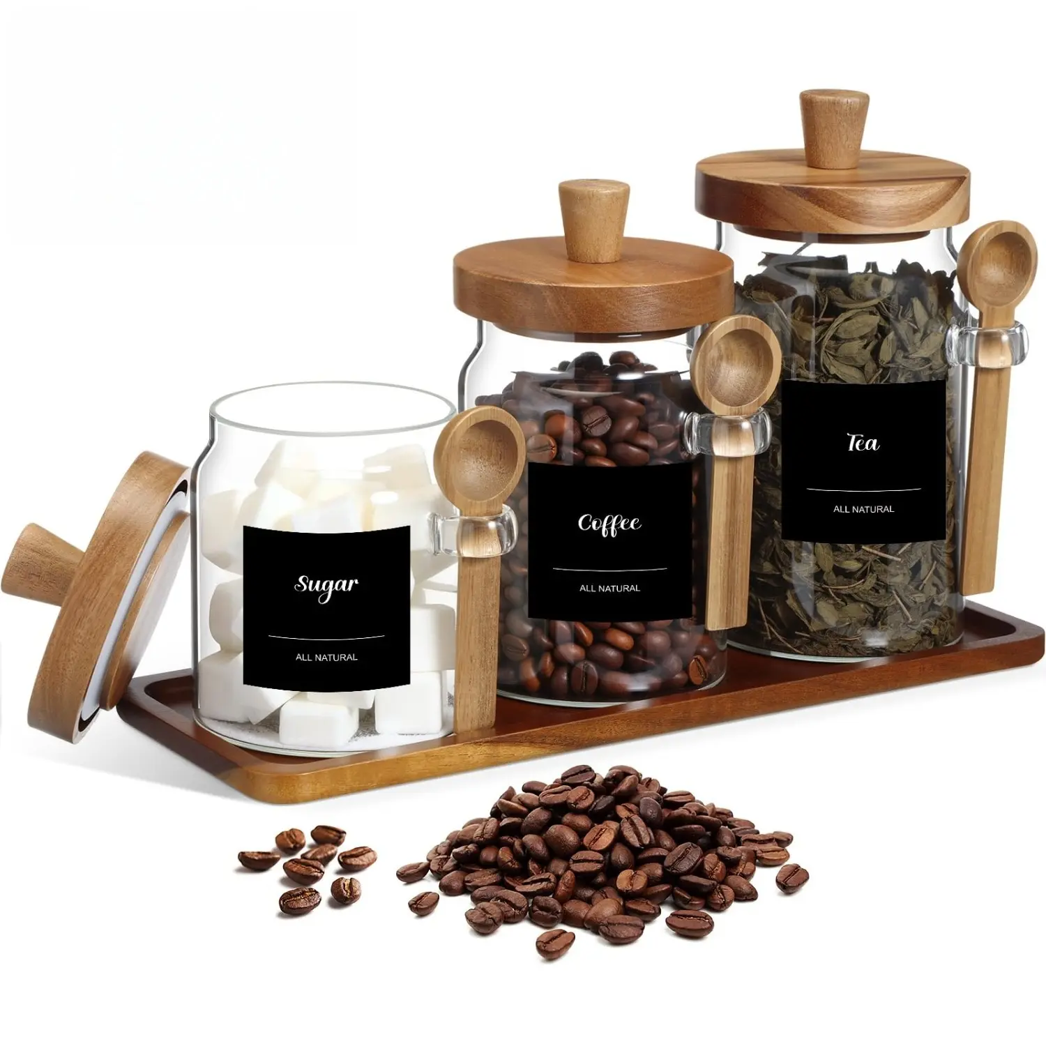 Glass Coffee Container with Wooden Lid Spoon Shelf Clear Airtight Jar ...