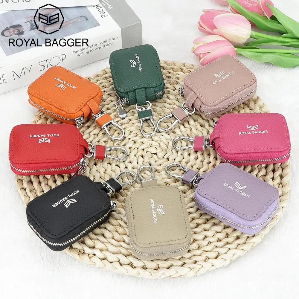Royal Bagger Mini Portable Zipper Earphone Bags Genuine Leather Small Key Wallet with Keychain Fashion Simple Headphone Bag 2901