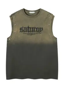 American Vintage Tie-Dye Gradient Letter Embroidery Star Metal Button Vest, Men's Fashion Casual Graphic Sleeveless T-Shirt, Trendy and Comfortable, Menswear