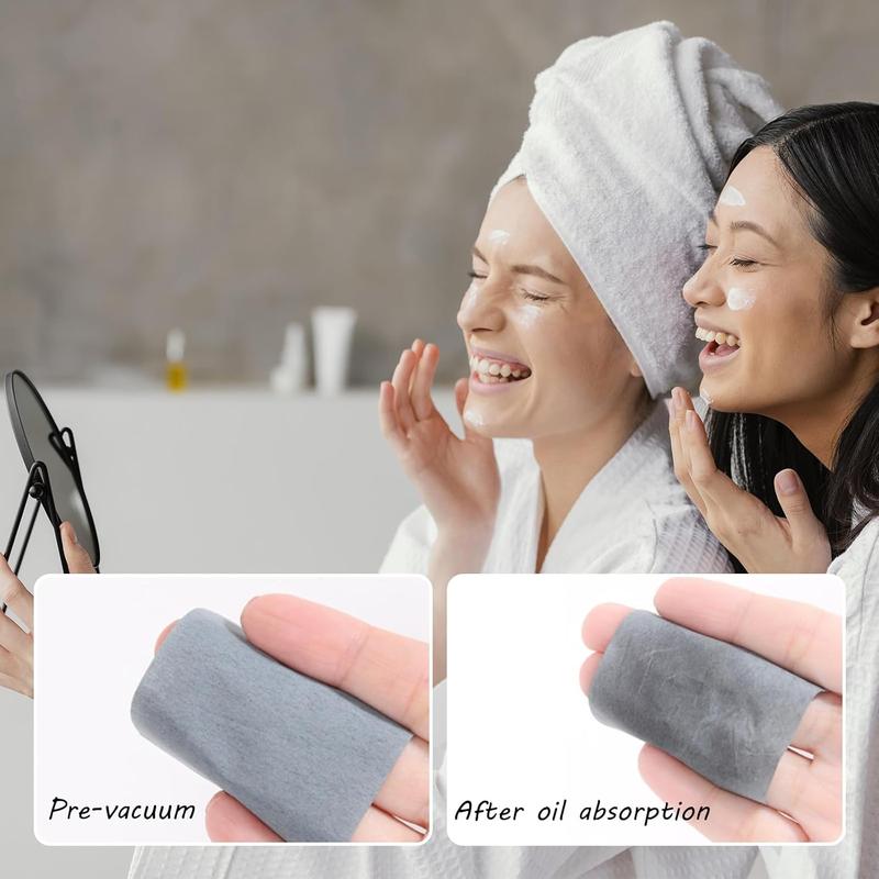 500 Face Oil Blotting Sheets with Mirror Travel Box& Puff, Linen Fiber Gentle Oil Control Film Not Destroy Base Makeup Face Oil Absorbing Sheets (Bamboo Charcoal, Box+Refill total 500 sheets)