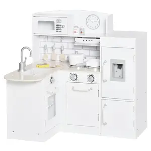 Wooden Corner Kids Kitchen Playset for 3+ Years, White Children's Furniture with Drinking Fountain, Microwave, Fridge and Accessories