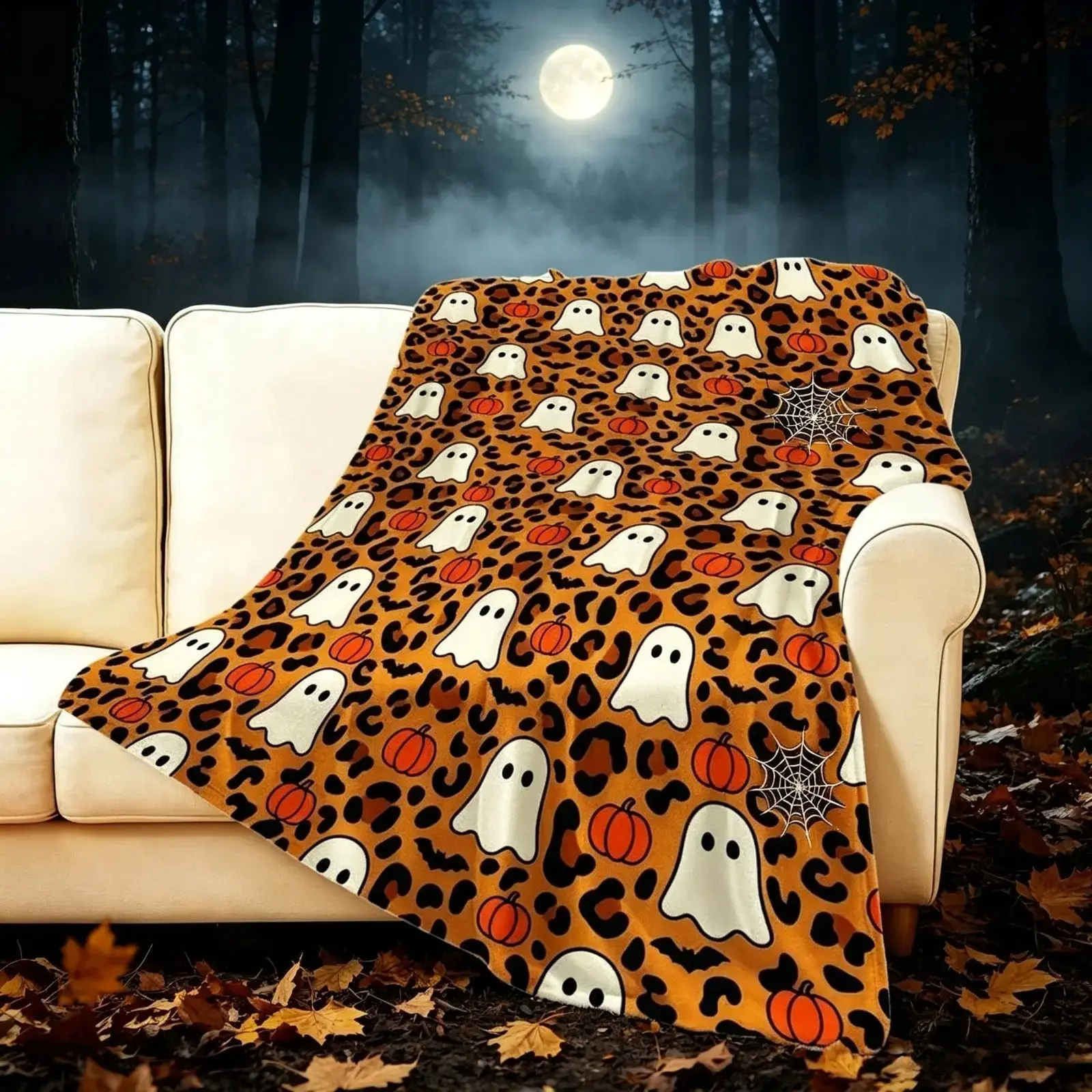Fall Halloween Leopard Ghost Pumpkin Bat Flannel Fleece Throw Blanket, Cute Spooky Ghost Pumpkin Leopard Print, Soft Cozy Lightweight AC Blanket for Kids Adults, for Sofa Bed Couch, Fall Spooky Season Home Decor Holiday Gift