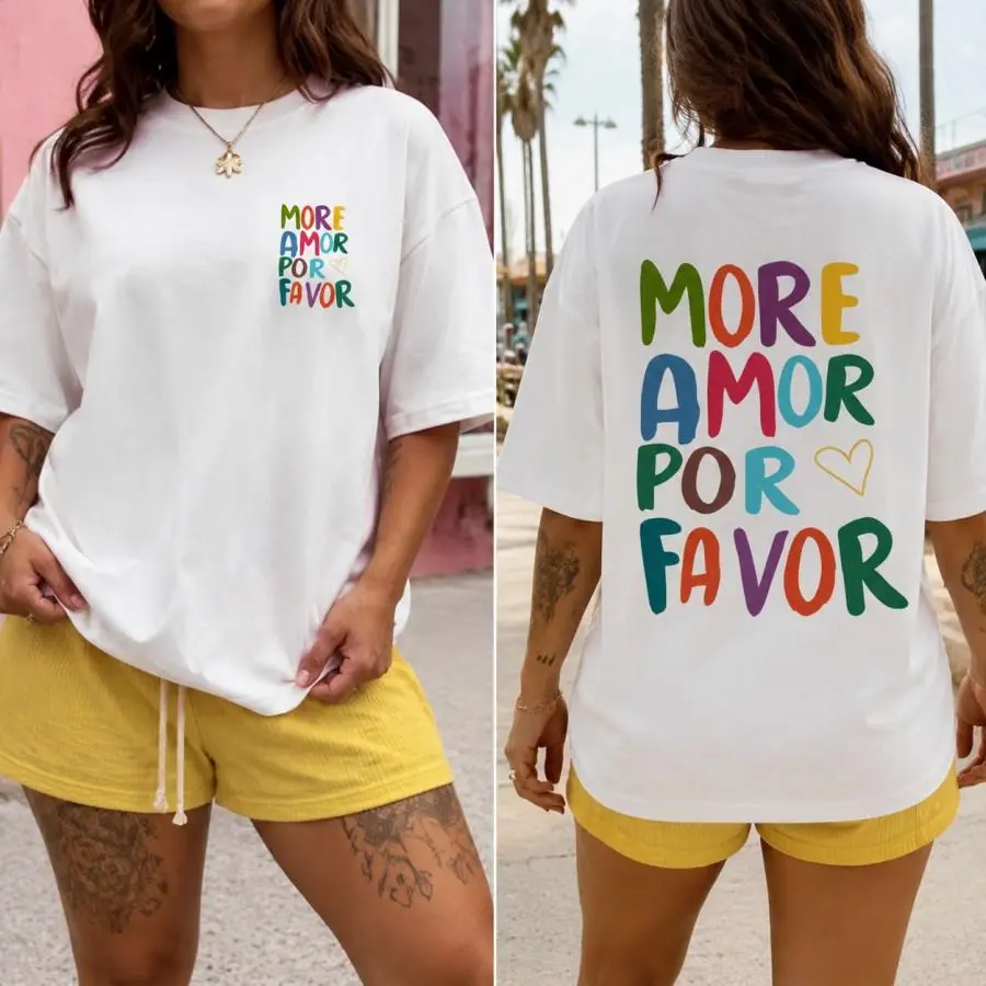 Women's Colorful "More Amor Por Favor" Graphic Round Neck Oversized T-Shirt, Short-Sleeve, Cute Aesthetic Summer Streetwear, Loose-Fit Top for Daily Vacation Wear
