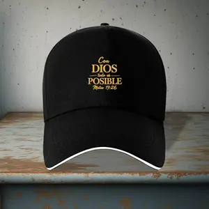 1 Spanish Bible Verse Baseball Cap - Lightweight Christian Hat with "Con Dios Todo lo posible" (Matthew 26:11) - Black with Gold Lettering for the Gym, Running, Church - Religious Gift