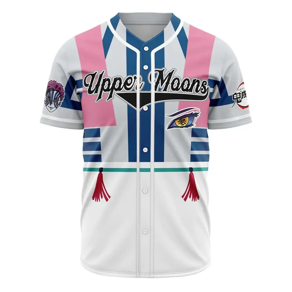 Demon Slayer Akaza Anime Baseball Jersey, Premium Breathable Mesh Button Down Shirt, All-Over Print Graphic Sportswear Costume, Perfect Gift for Otaku & Cosplay Fans