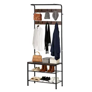 4-in-1 Hall Tree with Shoe Bench Coat Rack, 9 Removable Hooks, Hanging Rod, Sturdy Steel Frame, Entryway Storage Bench, Easy Assembly