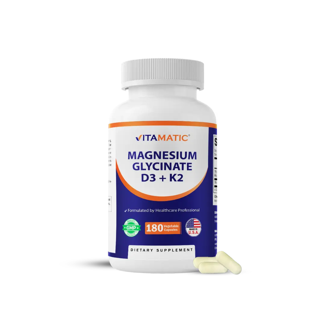 Magnesium Glycinate 200 mg (Elemental) with Vitamin D3 5000 IU & K2 200 mcg – High Absorption Bone, Muscle & Heart Support – 180 Veg Capsules – Non-GMO – Made in USA