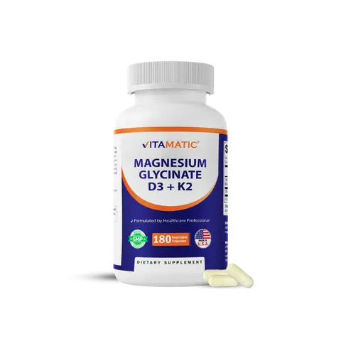 Vitamatic Magnesium Glycinate 200 mg (Elemental) Dietary Supplement with Vitamin D3 5000 IU, K2 200 mcg - Dairy Free, Clean & Quality Formula for Adults' Bone Health, Muscle & Heart Support - 180 Veg Capsules, Made in USA