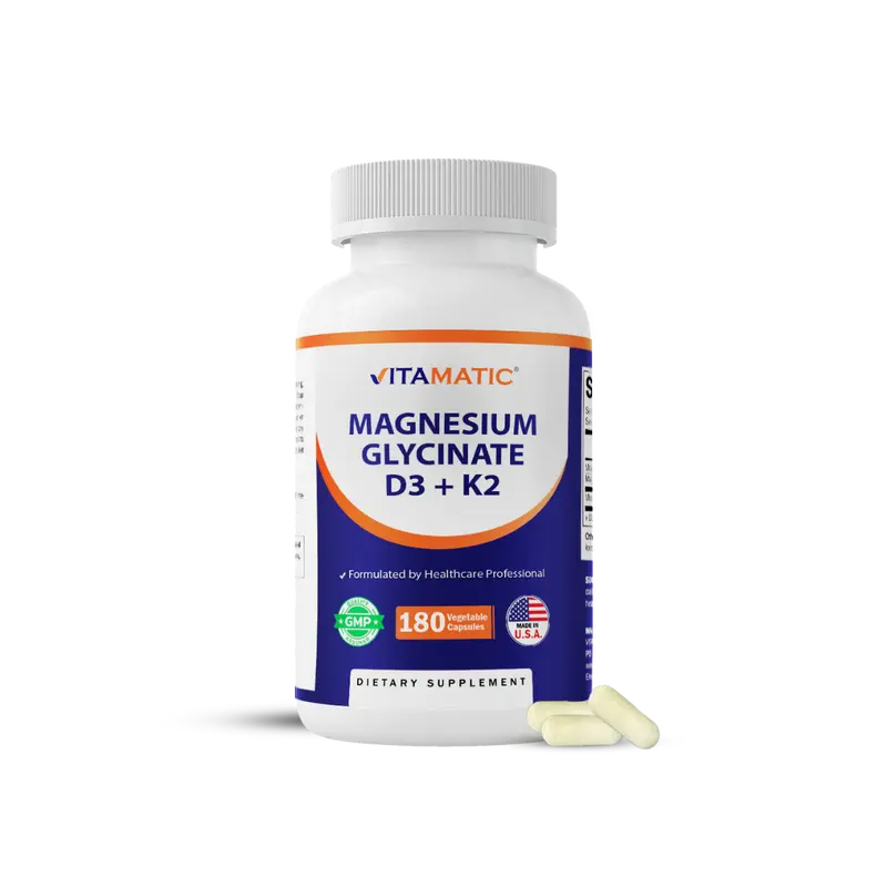 Vitamatic Magnesium Glycinate 200 mg (Elemental) Dietary Supplement with Vitamin D3 5000 IU, K2 200 mcg - Dairy Free, Clean & Quality Formula for Adults' Bone Health, Muscle & Heart Support - 180 Veg Capsules, Made in USA