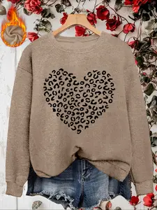 Women's Valentine Heart Print Casual Fitted Round Neck Sweater, Comfortable Letter Pattern Top for Fall & Winter Season