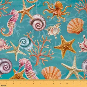 Feelyou Exotic Nautical Waterproof Fabric by the Yd - Colorful Ocean Sea Creatures Themed Upholstery Fabric for Furniture, Decor Accent Projects (Hawaii Sea Shell, Starfish, Seahorse Designs), Decoration