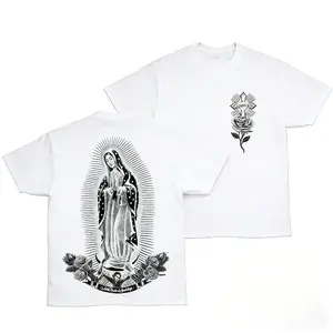 FEEGO Chicano Mexico Mom Virgin Mary Shirt Mens Black Mexican Jesus Christ God Vintage Graphic Tee Pure Cotton Short Sleeve T-Shirt