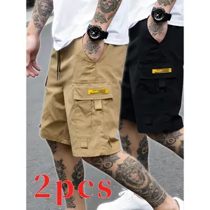 HIDKAT Mens 2pcs Mid-Waist Fitted Plain Retro Streetwear Cargo Shorts, Multi-Pocket, Knee-Length, for Outdoor & Daily Casual Use