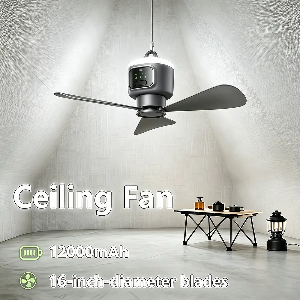 Portable Ceiling Fan with Light with Remote Control and Hanging Hook, 12000mAh, Easy Operation Battery Powered Fan Light for Gazebo, Tent, Patio, Camping, Gray,dorm essentials,home essentials
