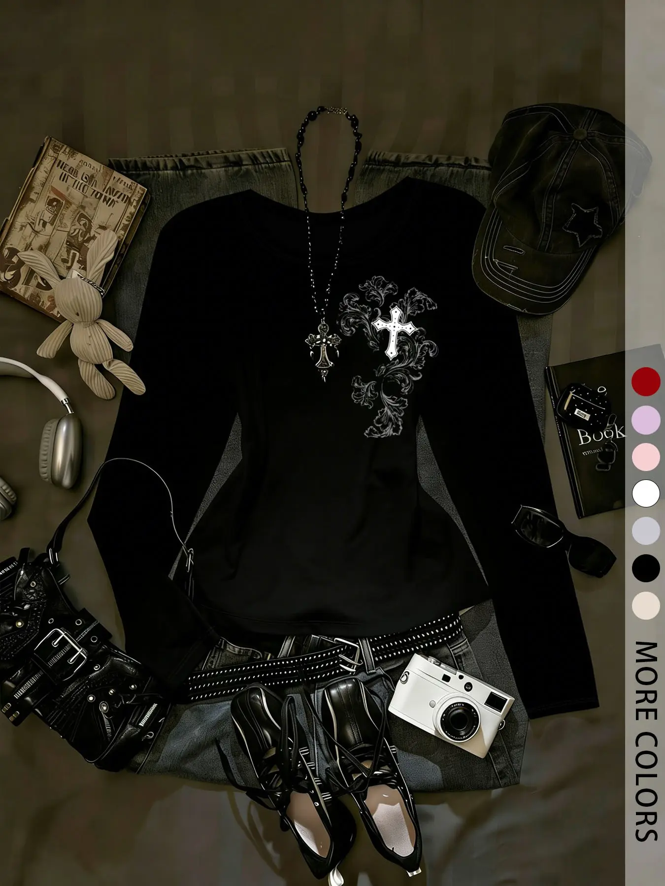 Women's summer gothic metallic print slim-fit long-sleeved top, gothic rock style, slim fit, suitable for everyday casual sportswear/concert attire.