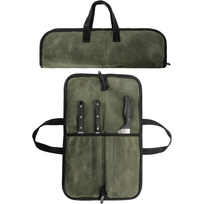 Canvas Knife Roll, Waterproof Chef's Utensil Storage Bag with Multiple Pockets for Knives, Zipper and Strap Closures for Outdoor Camping & Travel, Portable, Kitchen, Chef’s Knives, Roll-Up