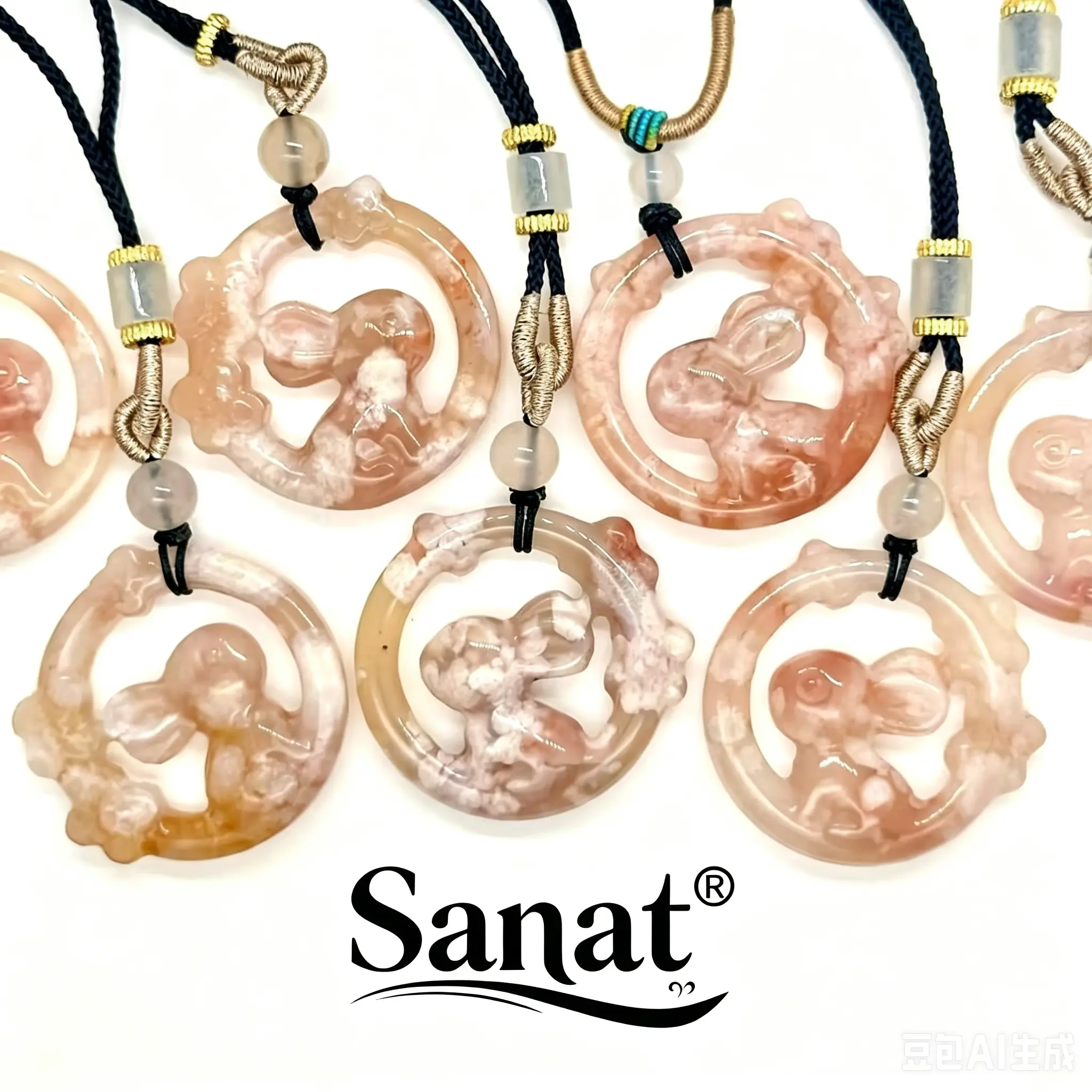 Natural Sakura Agate Hand-Carved Rabbit Pendant Necklace；Cherry Blossom Agate Bunny Sculpted Cord Jewelry；Pink Floral Agate Rabbit Carving Adjustable Necklace