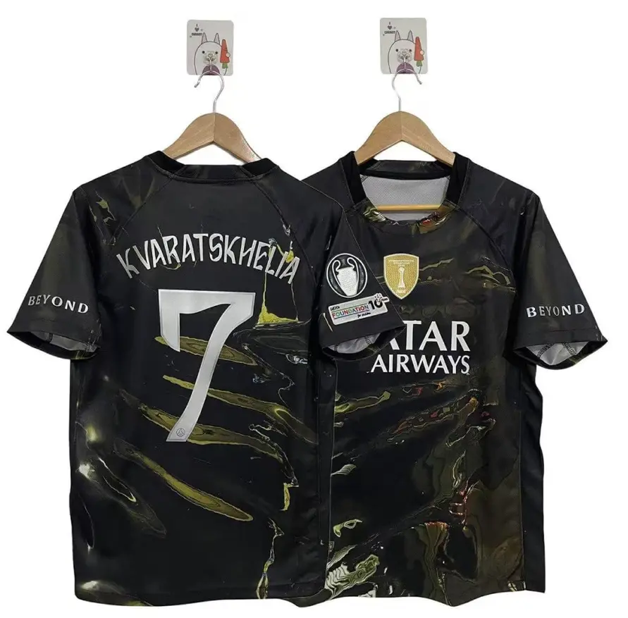 Kvaratskhelia #7 Black Graphic Soccer Jersey | Gold & Olive Abstract Pattern | Short Sleeve Football Fan Shirt | Player Edition Sportswear