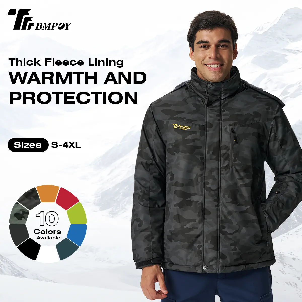 Men TBMPOY Thick Fleece Lined Ski Jacket, Waterproof Windproof Hooded Winter Snowboard Coat, Camouflage Warm Outdoor Windbreaker Rain Jacket, S‑4XL 10 Colors