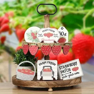 Strawberry Pattern Tiered Tray Decor, 10pcs/set Wooden Farmhouse Desktop Ornament, Summer Farmhouse Decor, Home Decor for Kitchen Restaurant