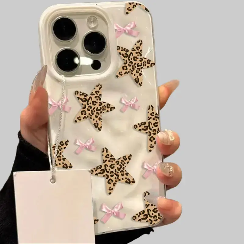 Coquette Aesthetic Leopard Star Pink Bow Soft Silicone Phone Case for iPhone 11-17, Air-Pro Max - Shockproof, Anti-Scratch Glossy Back Cover, Y2K Girly Protective Case high-end fashionable