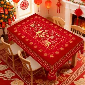 PUFMATE Vintage Red Chinese New Year TableCloth, Printed FU Words Pattern, Rectangular Round Table Cover, 2026 Spring Festival Decor, Perfect for New Year Party, Spring Festival Party, Family Restaurant Decoration, New Year Gift