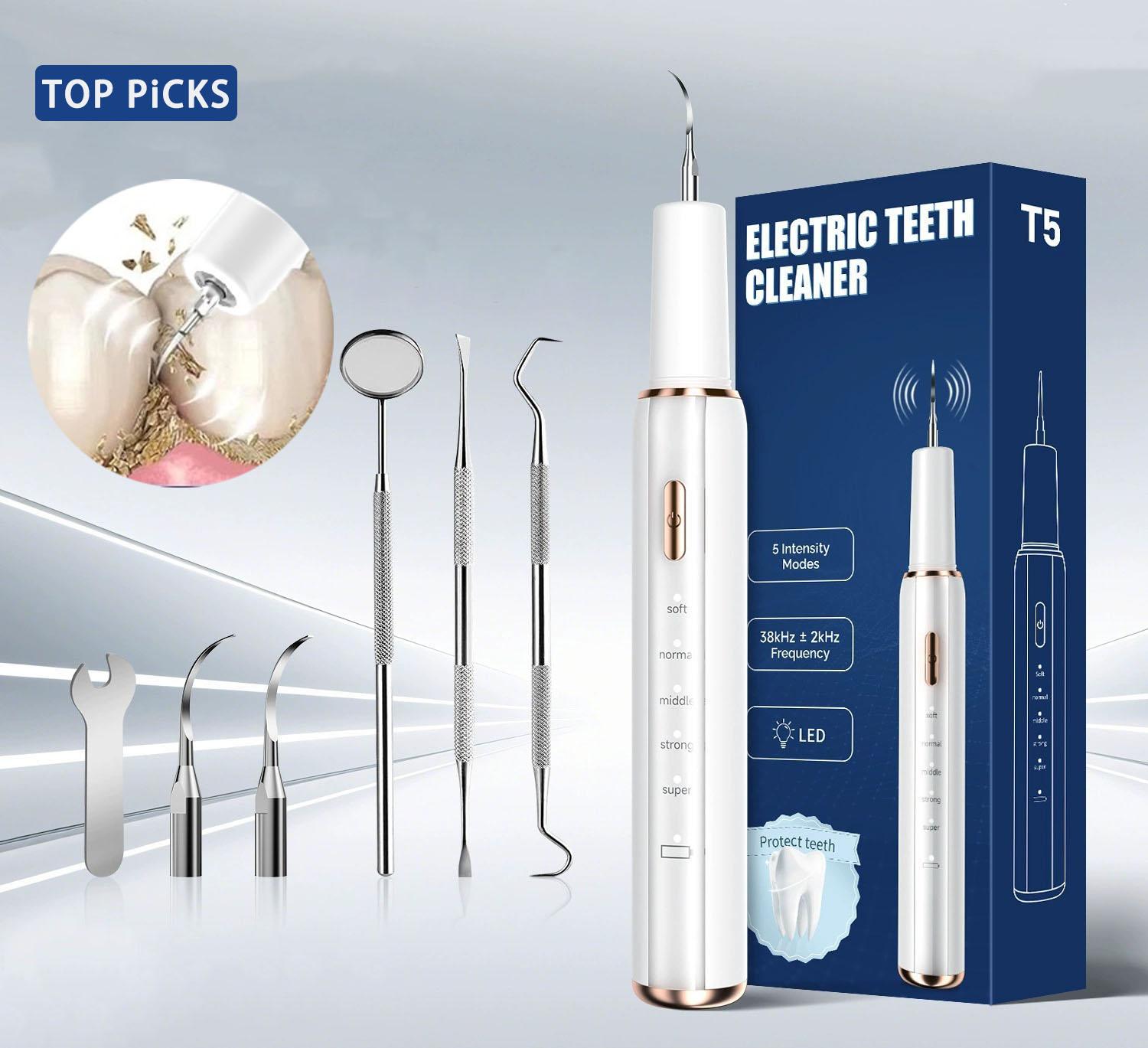 Tartar removers, rechargeable home dental cleaners, plaque removers (including replacement brush heads and manual cleaning tools), dental cleaning kits suitable for adults and pets