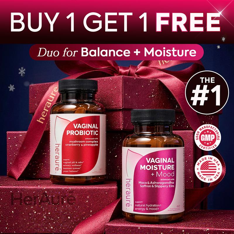 HerAuré Balanced & Moist Bundle | pH Balance, Odor Control, Stress Relief, Energy, Bliss, Relaxation, Flora Health | With 7 Billion CFU Probiotic, 7-in-1 Mushroom Blend, Prebiotic, Ashwagandha, Saffron, Maca, Slippery elm, Sea Moss ,Black Friday