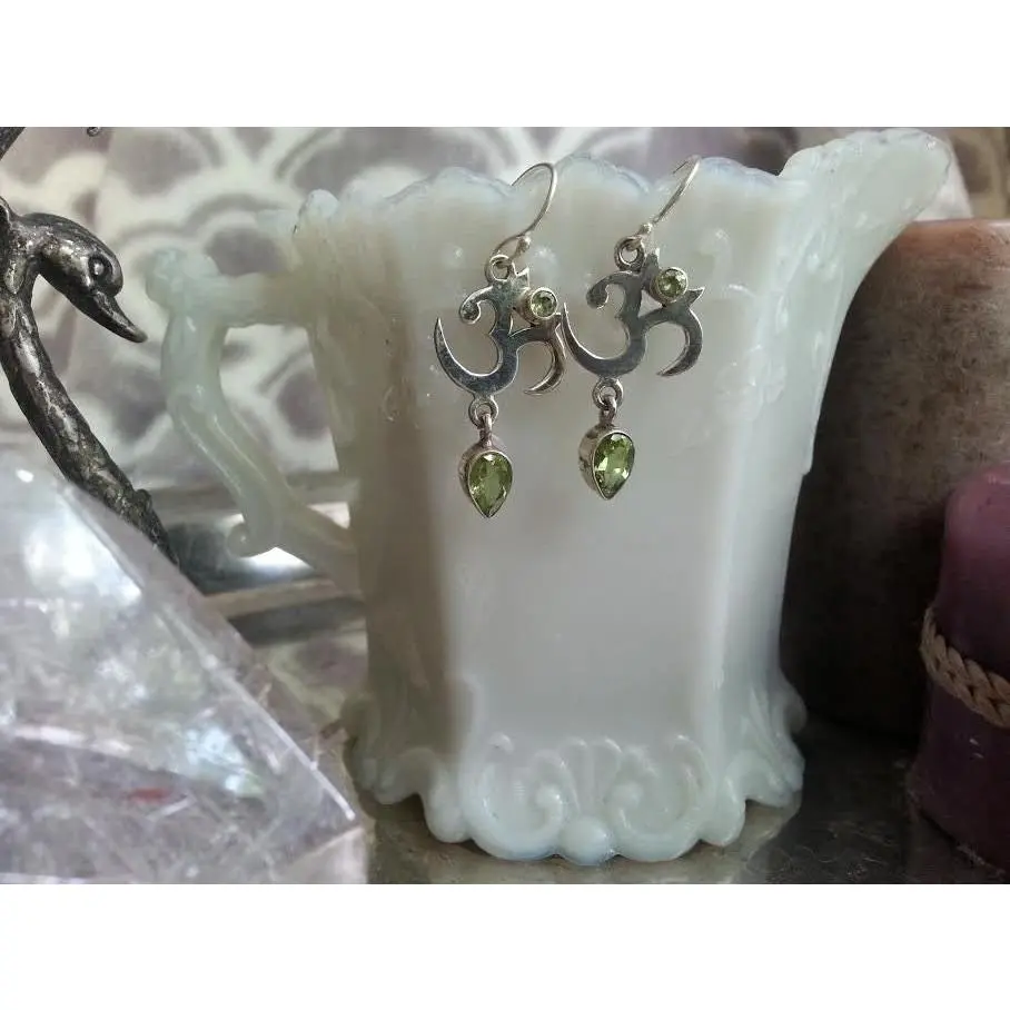 Faceted Peridot Om Hook Earrings Gemstone Jewelry Sterling Silver August Birthstone Hindu Buddhist Yoga Meditation Healing Crystal Natural