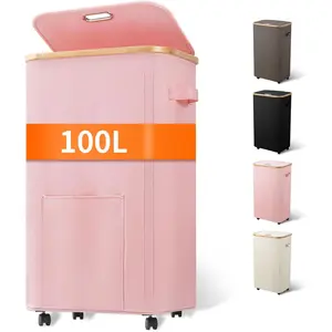 Laundry Basket with Wheels, Tall Dirty Clothes Hamper on Wheels, Rolling Laundry Hamper with lid for Dorm, Bedroom and (Pink, 100L)