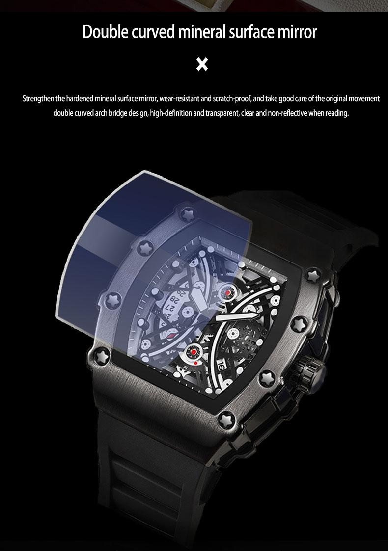 Men's Red Carbon Fiber Skeleton Tonneau Watch, Black Silicone Band, Sporty Quartz Wristwatch